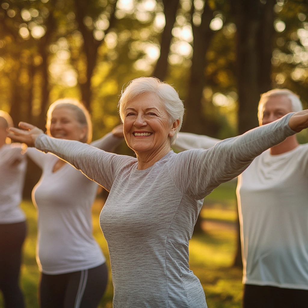 Щасливі та активні пенсіонери займаються спортом на свіжому повітрі