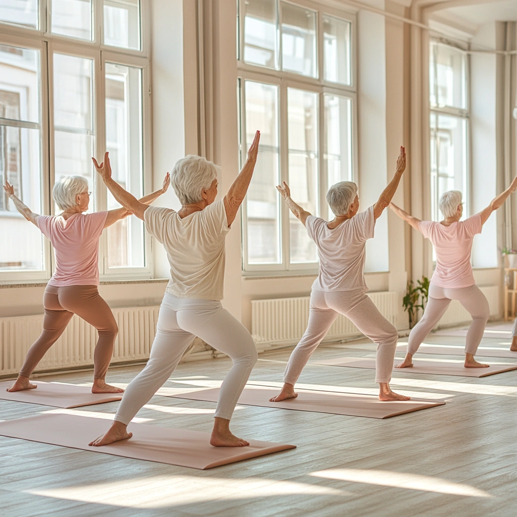 Група пенсіонерів на занятті з йоги